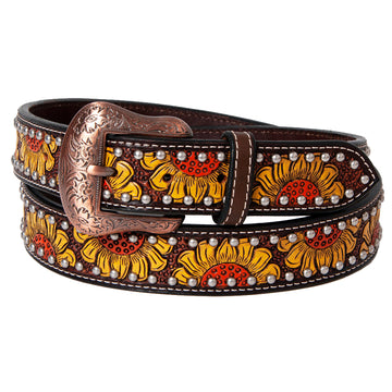 BAR H EQUINE Sunflower Floral Hand Painted Western Leather Men And Women Belt Brown
